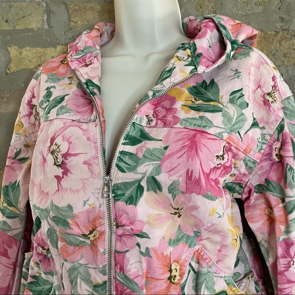 URBAN OUTFITTERS ~ Pink Floral Denim Hoodie Jacket - Picture 2 of 8